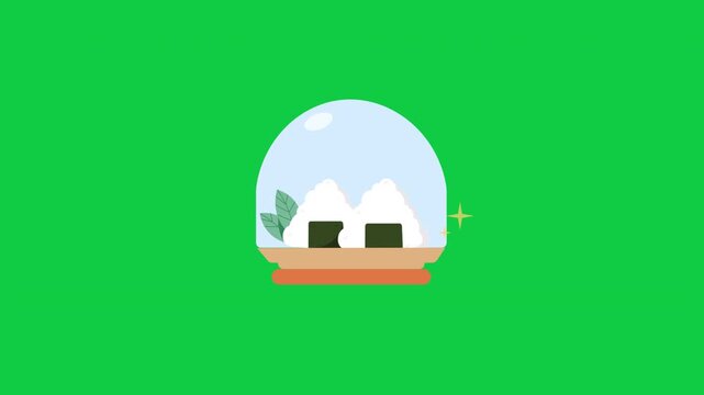 Animated Seamless Loop of Onigiri Rice Balls in Glass Cloche Dome, 2D Vector Japanese Cuisine on Green Screen