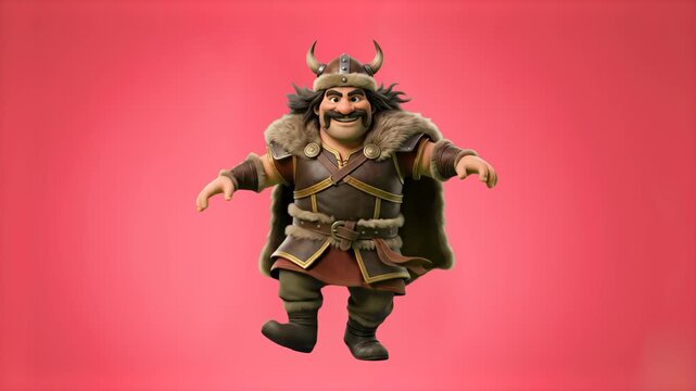 A detailed 3D animated character representing the historical leader Attila the Hun with a mustache and horned fur helmet, wearing barbarian leather armor and a cape while dancing joyfully. Set against