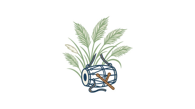 Traditional Indian dhol drum with decorative wheat stalks illustration.