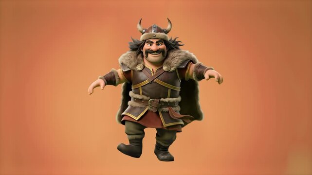 A fierce yet friendly 3D cartoon illustration of a powerful Viking barbarian wearing a horned helmet, fur cape, and traditional leather armor, standing in a dynamic action pose against a solid orange 