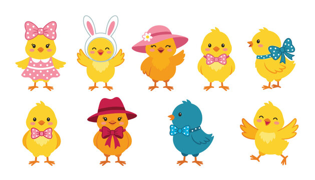 Cute cartoon easter chick and baby bird vector illustration collection. Featuring yellow chicks, polka dot dresses, bunny ears, pink hats and playful bow ties.