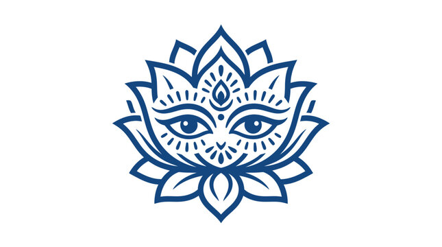 Stylized blue lotus flower illustration featuring a serene face with a third eye symbol.