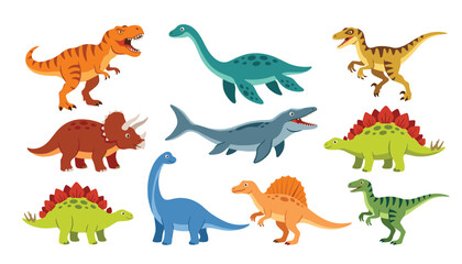 Cute cartoon dinosaur and prehistoric creature vector illustration collection. Featuring predatory theropods, horned triceratops, spiked stegosaurus, long-necked sauropods and ancient marine reptiles. © Creative Studio 