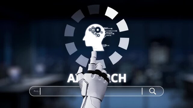 A futuristic image showcasing a robotic hand interacting with a digital search interface representing AI technology in a modern office, highlighting innovation and connectivity. Synapse