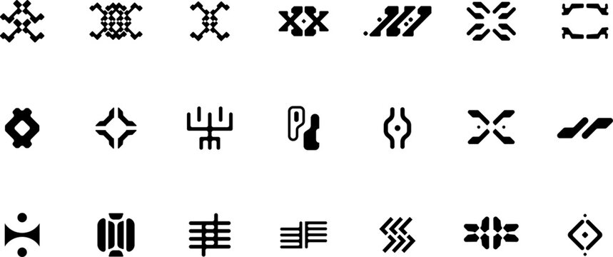 Abstract futuristic cyber techno symbols and decorative tech graphic elements set in minimal black vector style.