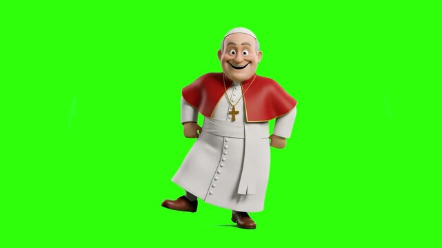 A vibrant 3D animated caricature of the Pope in traditional white cassock, zucchetto, and red mozzetta with a gold cross necklace, performing a joyful dance step. Sourced against a solid chroma key gr