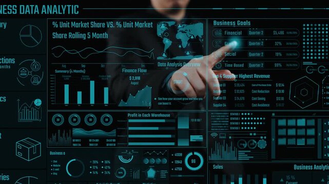 Explore a futuristic business data analysis interface featuring interactive graphics, charts, and metrics to enhance strategic decision-making and performance monitoring. Cipher