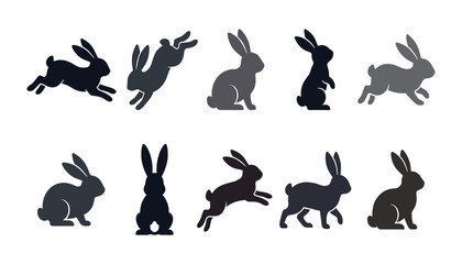 Rabbit and hare silhouette vector flat icon collection. Featuring jumping bunnies, sitting poses, running positions, alertness ears and wilderness wildlife design elements. © Creative Studio 