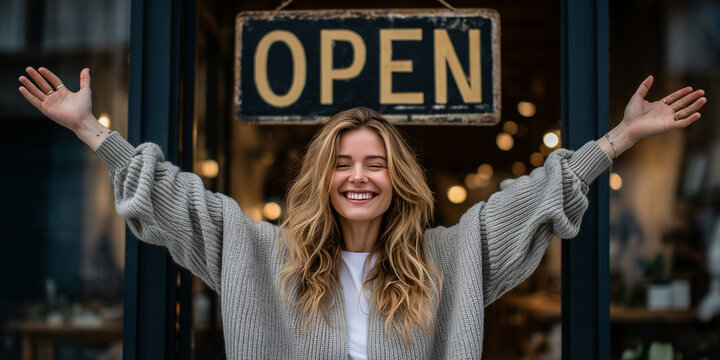 Joyful entrepreneur celebrating the grand opening of a new business with open sign in the background exuding positivity and growth mindset