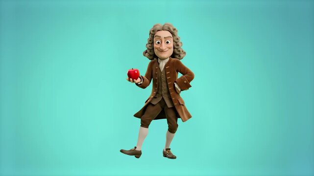 A 3D animated Sir Isaac Newton wearing a 17th century suit and wig dancing joyfully while holding a red apple against a soft blue background. Suitable for funny science videos, physics educational con