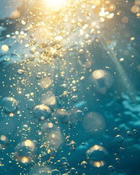 Underwater bubbles rising toward sunlit ocean surface closeup