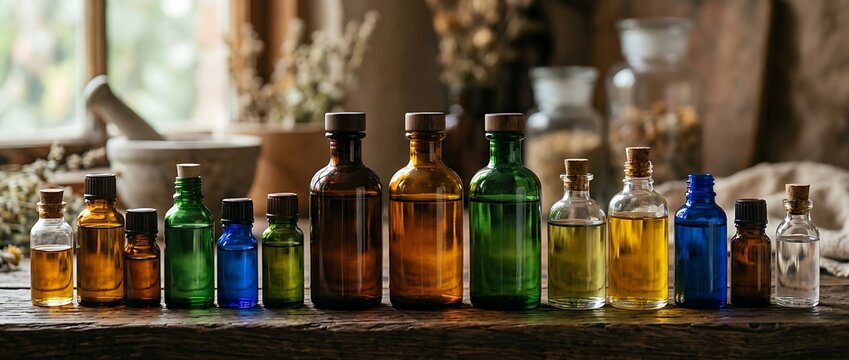 Row of various colored essential oil bottles on a rustic wooden table