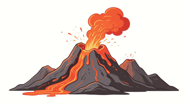 Vibrant Cartoon Style Illustration of an Active Volcano Eruption with Orange Lava Flowing Down Sides and Billowing Smoke Clouds Rising from the Crater