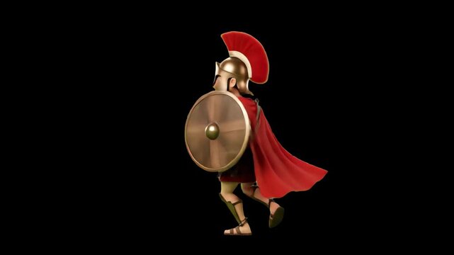 A 3D animated Roman centurion warrior wearing a helmet with red crest, armor, and red cape performing a fun dance routine against a black background. Perfect for funny historical clips, ancient warfar