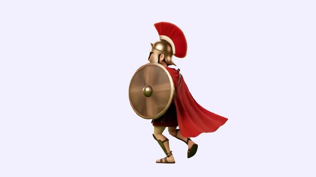 A stylized 3D animated rendering of the legendary Spartan King Leonidas executing a dance routine in full hoplite armor with a shield and red cape. Set against a clean white studio backdrop, this uniq