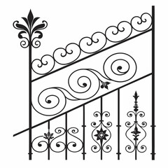 Wrought iron staircase railing with ornate scroll patterns and decorative fleur de lis accents offering elegant design elements for interior and exterior architectural features. © Md.Belal