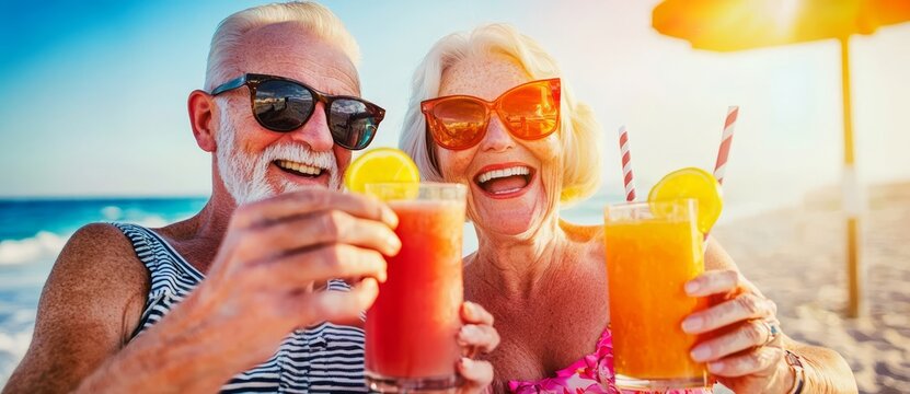 Mature senior couple relishing fresh fruit smoothies on the beach.