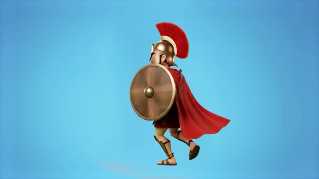A highly detailed 3D animated character of the Spartan King Leonidas in full armor, featuring a bronze Corinthian helmet with a red crest, a crimson cape, and a round shield, dancing joyfully. Sourced