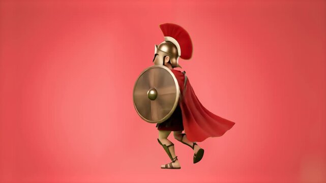 A brave 3D cartoon Spartan warrior in a bronze cuirass, red-crested helmet, and red cape holding a round bronze shield while dancing happily, isolated on a solid bright red studio background. Ideal fo