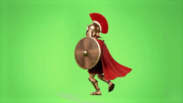 A fierce 3D cartoon Spartan warrior in a bronze cuirass, crested helmet, and red cape holding a round shield while dancing, isolated on a solid green chroma key background. Great for ancient history a