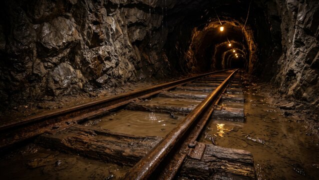 Mine tunnel with rusty railway tracks, wet walls, and puddles under dim lights, representing underground industry and exploration.