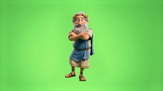 A 3D animated ancient Greek philosopher or god character with a laurel wreath tunic arms crossed against a chroma key green background. Suitable for history education videos, mythology animations, phi