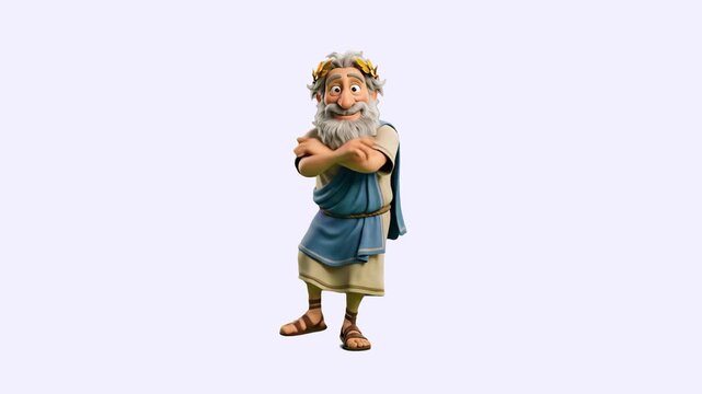 A high-quality 3D rendering of the historical Greek scholar Archimedes in a traditional tunic executing a cheerful dance routine. Set against a solid clean white studio background, this premium charac