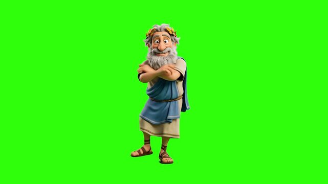 A detailed 3D animated character representing the ancient Greek mathematician Archimedes with a grey beard and laurel wreath, wearing a blue tunic and dancing happily. Isolated against a chroma key gr