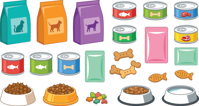 Pet food collection featuring dry kibble canned food treats fish bones and feeding bowls for cats and dogs vector illustration set