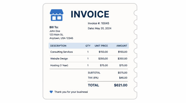 A business invoice document with detailed services listed on a paper bill