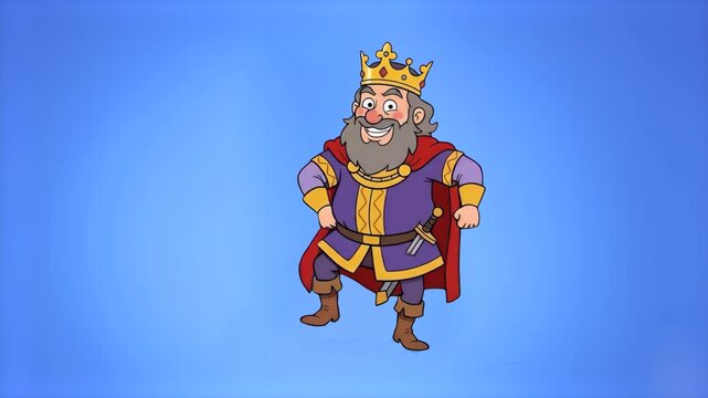 A vibrant 2D animated caricature of King Charlemagne with hands on hips, performing a joyful dance step. Sourced against a solid chroma key blue screen backdrop, this flat-design historical graphic as