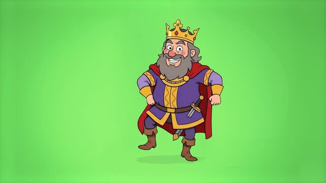 A cheerful 2D animated historical caricature of King Charlemagne (Charles the Great) with a grey beard, golden crown, royal purple tunic, and red cape joyfully dancing. Isolated against a chroma key g