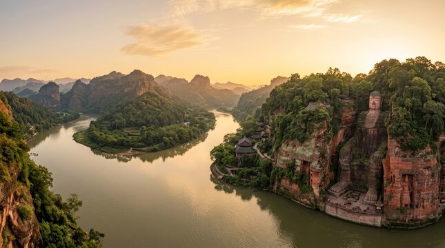 China - Bird Eye View of Leshan Giant Buddha River Panorama