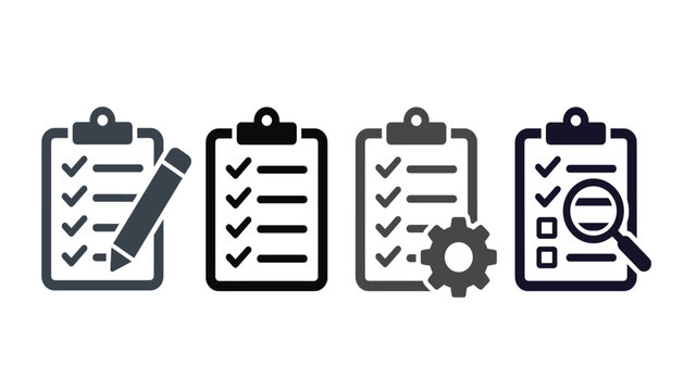 Clipboard checklist flat icon vector set. Featuring questionnaire surveys, checkmarks, writing pencils, management gears, magnifying glasses and project task workflow elements.