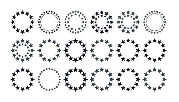 Circular star frame vector brush set. Featuring geometric starry borders, round emblem badges, celestial wreaths, ring sparkles and abstract stamp decoration graphics.