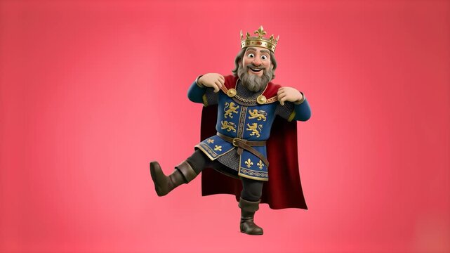 A funny 3D animated medieval emperor Charlemagne wearing a crown, royal cape, and blue tunic with heraldic crests performing a dance step isolated on a solid red studio background. Great for historica