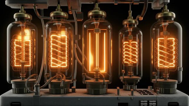 Warm Flickering Antique Vacuum Glass Tubes in an Old Electronic Computing Device
