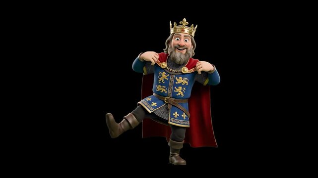 A high-quality 3D rendering of the historical monarch Charlemagne in royal attire executing a cheerful dance routine. Set against a solid black studio background, this premium cinematic character asse