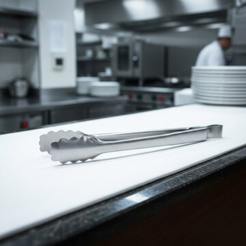 Metal serving tong placed on a white commercial kitchen countertop for professional restaurant catering business