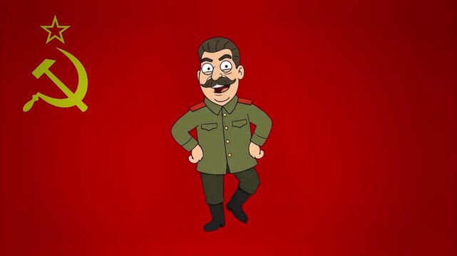 A unique 2D vector-style animated caricature of Joseph Stalin in a military tunic with red shoulder boards, joyfully dancing with hands on hips. Set against the symbolic red background of the USSR fla