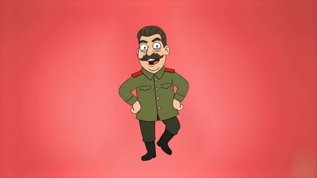A satirical 2D animated cartoon character of Joseph Stalin with a mustache and military uniform performing a dance routine over a red background. Ideal for historical satire, political comedy animatio