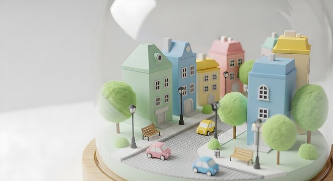 Miniature pastel town inside a glass cloche featuring colorful houses and tiny cars on a cobblestone street for urban planning