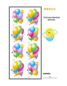 Visual puzzle with festive balloons. Find two identical images of colorful balloons. Answer included.
