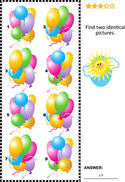 Visual puzzle with festive balloons. Find two identical images of colorful balloons. Answer included.
