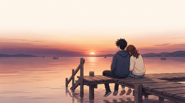 桟橋で夕日を眺めるカップルと穏やかな水辺の夏風景