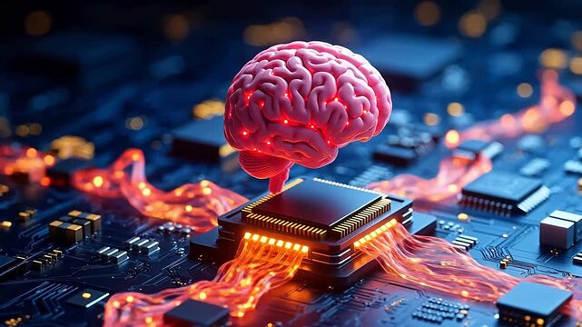 Pink digital brain floating over chip