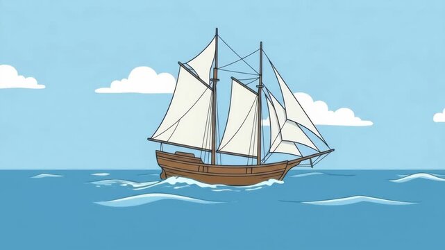 A classic brown wooden sailing ship with multiple white sails glides gracefully across rolling blue ocean waves against a sunny sky with fluffy clouds. This detailed 2D cartoon animation is perfect fo