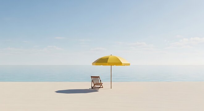 A single yellow beach umbrella and a wooden folding chair on a vast sandy beach under a clear blue sky with a calm ocean horizon in distance