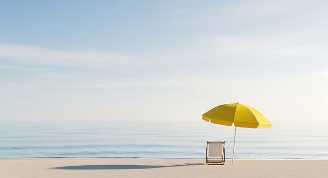 A single yellow beach umbrella and a wooden folding chair standing on a clean sandy beach by the calm blue ocean under a clear summer sky