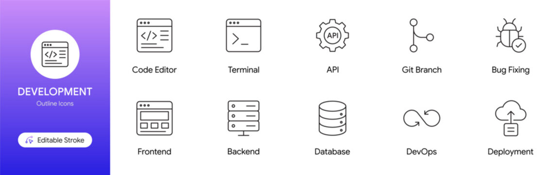 Vector illustration of development icons set for coding and software development